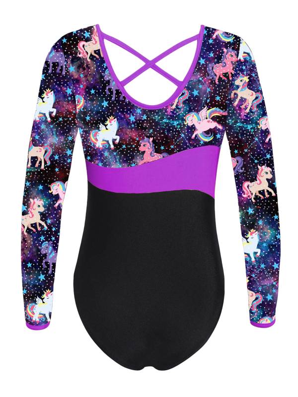 Kids Girls One-piece Long Sleeves Printed Gymnastics Leotard thumb
