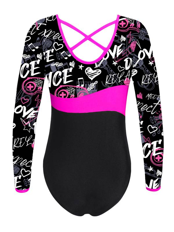 Kids Girls One-piece Long Sleeves Printed Gymnastics Leotard thumb