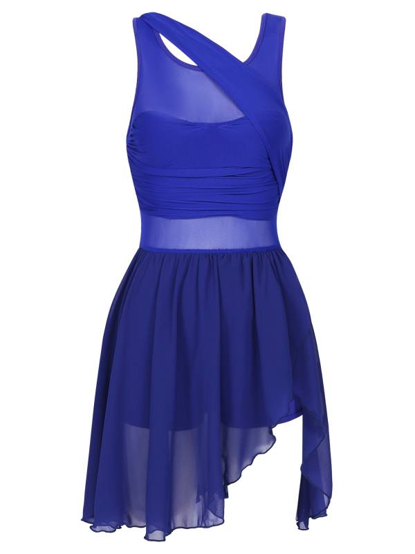 Women Sleeveless Asymmetric Chiffon Lyrical Dance Leotard Dress thumb