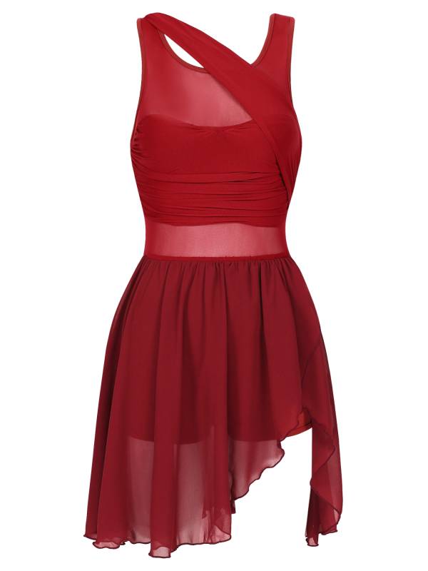 Women Sleeveless Asymmetric Chiffon Lyrical Dance Leotard Dress thumb