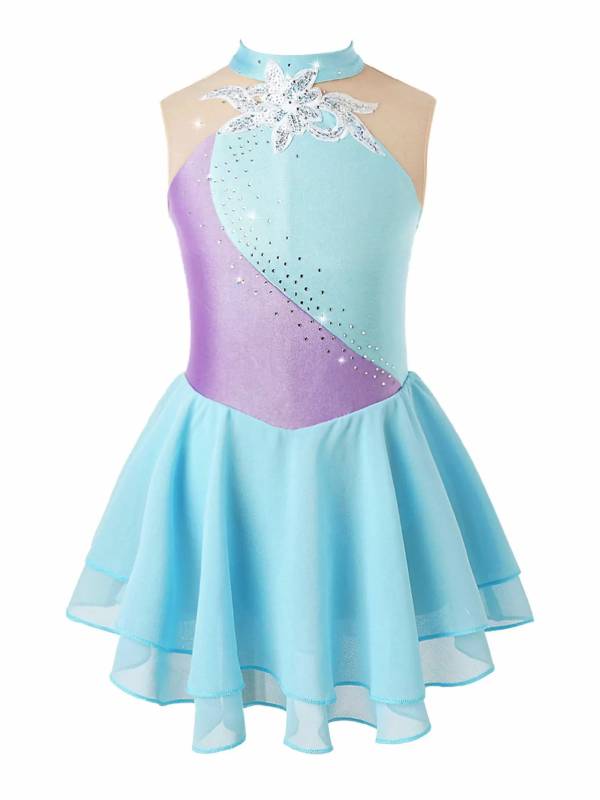 Kids Girls Sleeveless Sequins Floral Decorated Skating Dance Dress thumb