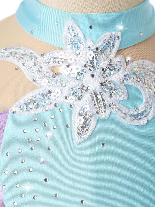 Kids Girls Sleeveless Sequins Floral Decorated Skating Dance Dress thumb