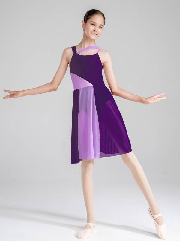Kids Girls Sleeveless Color Block Lyrical Dance Leotard Dress thumb