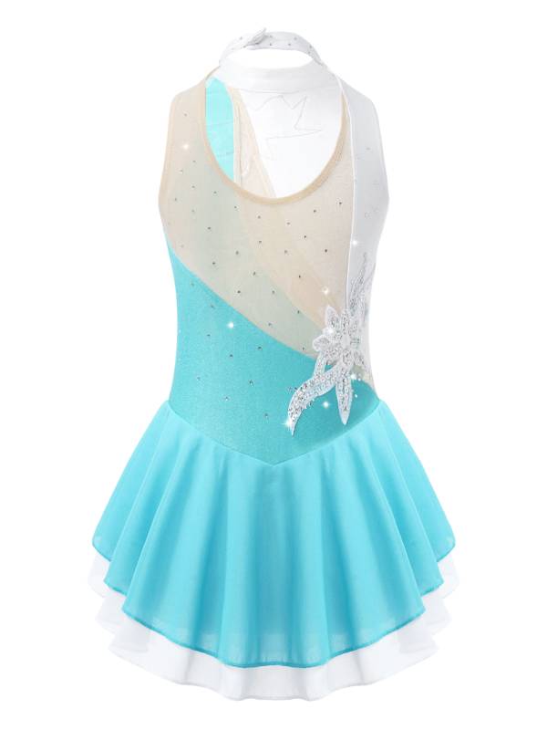 Kids Girls Sleeveless Sequin Floral Ruffle Skating Dance Dress thumb