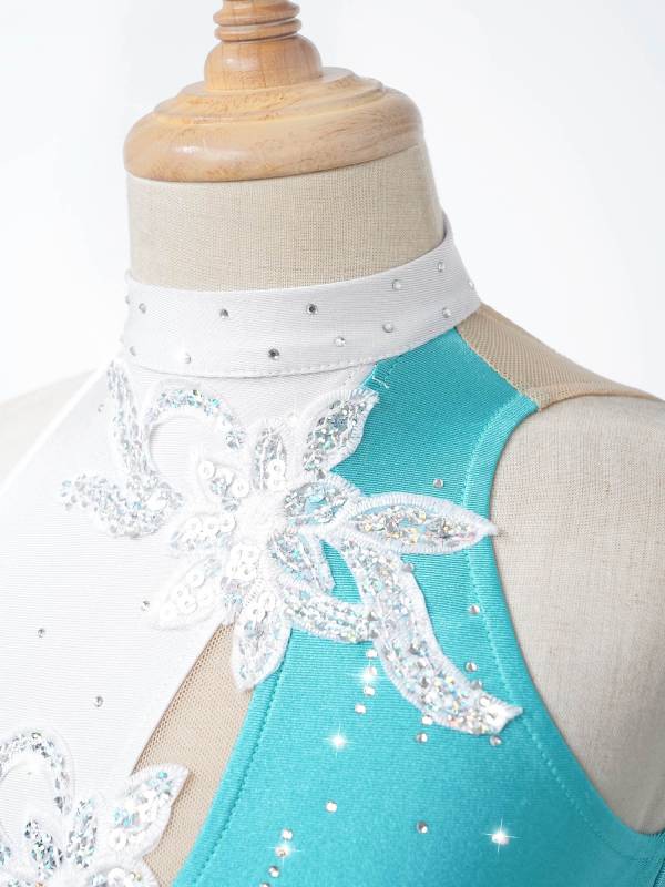 Kids Girls Sleeveless Sequin Floral Ruffle Skating Dance Dress thumb