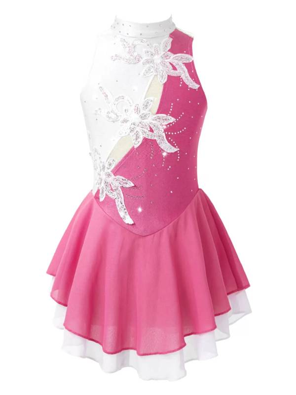 Kids Girls Sleeveless Sequin Floral Ruffle Skating Dance Dress thumb