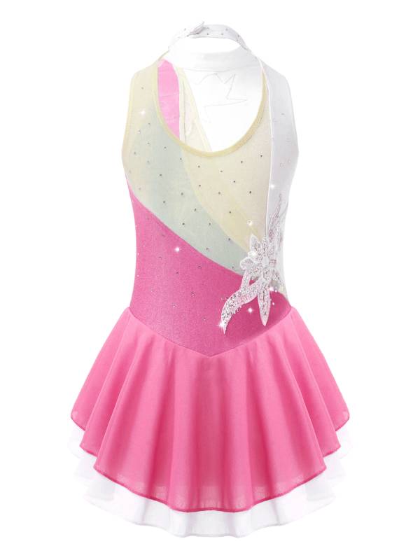 Kids Girls Sleeveless Sequin Floral Ruffle Skating Dance Dress thumb