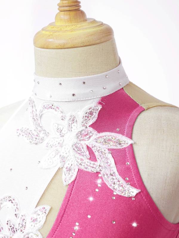 Kids Girls Sleeveless Sequin Floral Ruffle Skating Dance Dress thumb