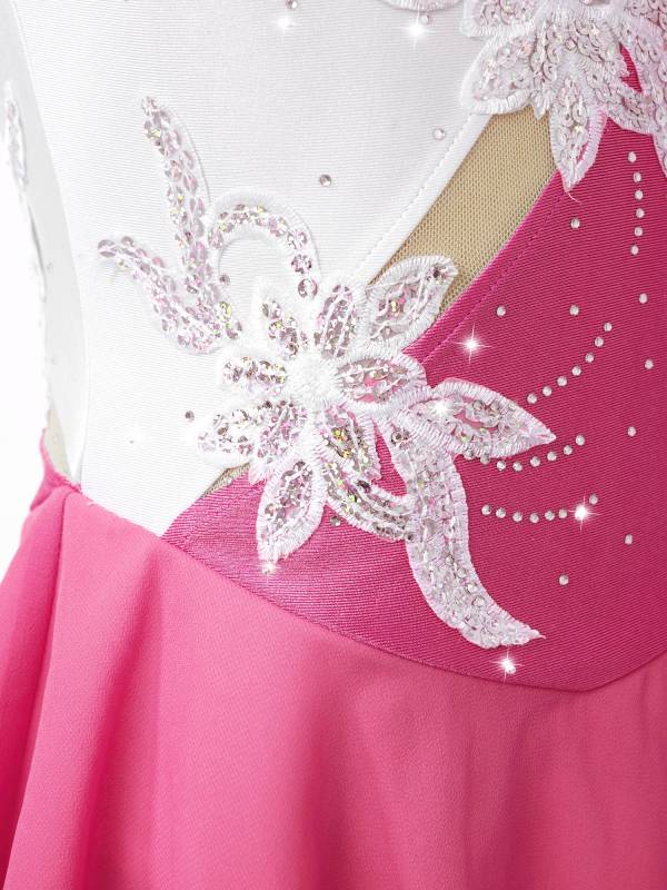 Kids Girls Sleeveless Sequin Floral Ruffle Skating Dance Dress thumb