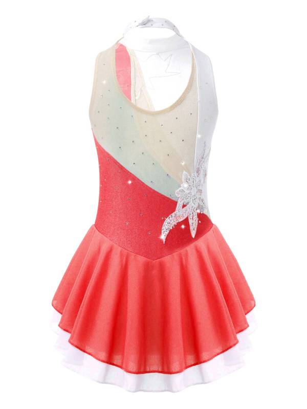 Kids Girls Sleeveless Sequin Floral Ruffle Skating Dance Dress thumb
