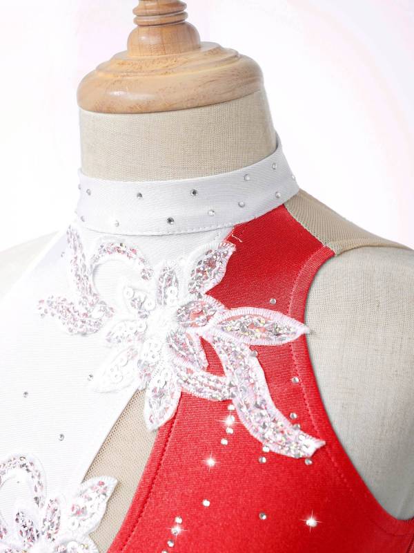 Kids Girls Sleeveless Sequin Floral Ruffle Skating Dance Dress thumb