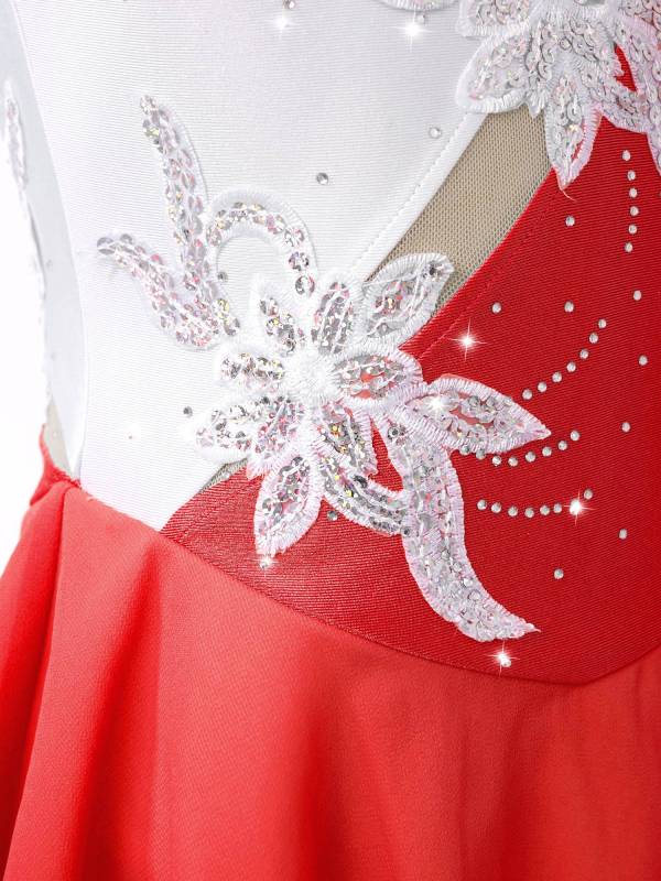 Kids Girls Sleeveless Sequin Floral Ruffle Skating Dance Dress thumb