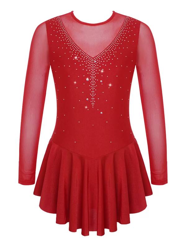 Kids Girls Long Sleeve V Shape Rhinestone Hollow Back Skating Dress thumb