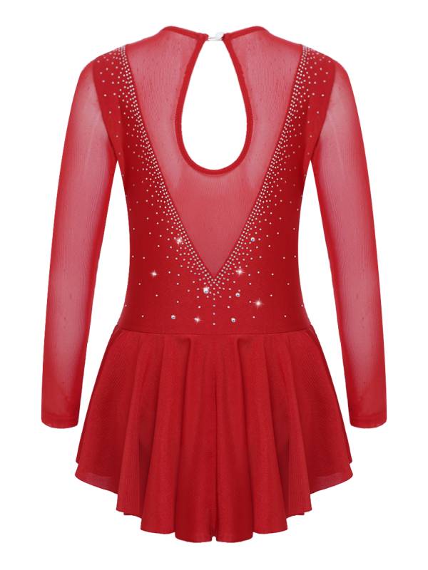 Kids Girls Long Sleeve V Shape Rhinestone Hollow Back Skating Dress thumb