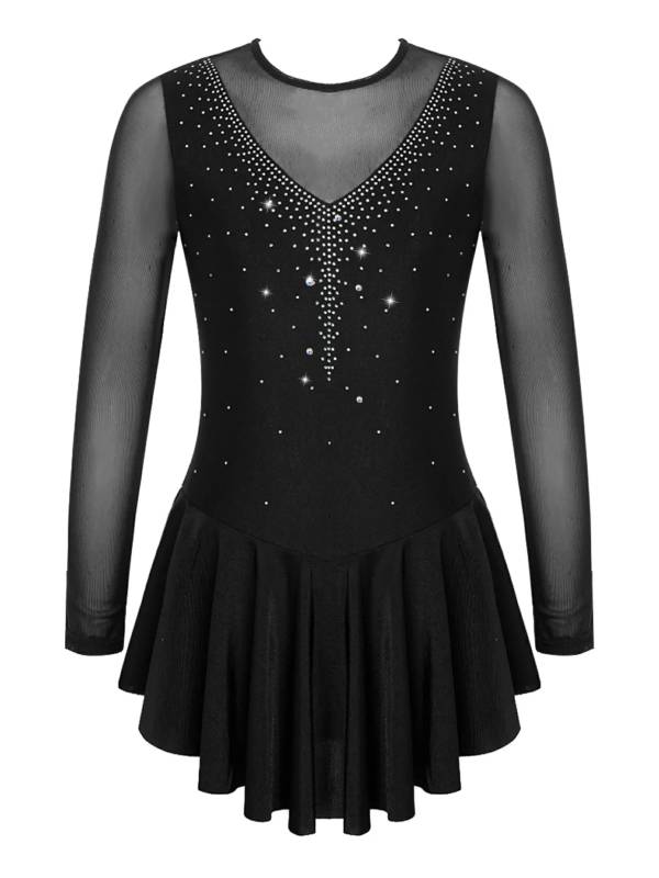 Kids Girls Long Sleeve V Shape Rhinestone Hollow Back Skating Dress thumb