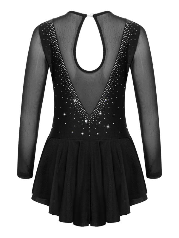 Kids Girls Long Sleeve V Shape Rhinestone Hollow Back Skating Dress thumb