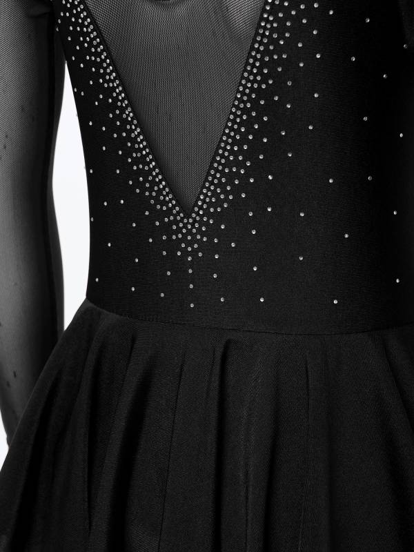 Kids Girls Long Sleeve V Shape Rhinestone Hollow Back Skating Dress thumb