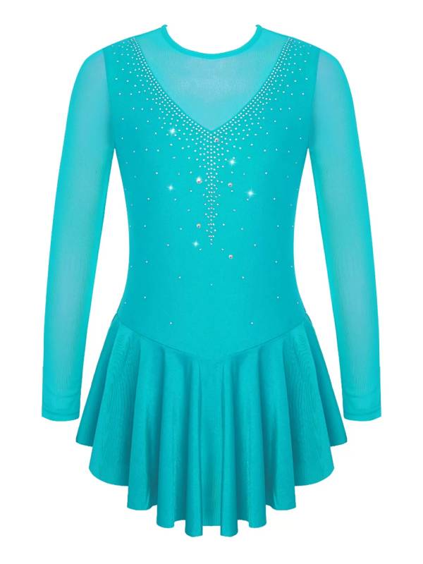 Kids Girls Long Sleeve V Shape Rhinestone Hollow Back Skating Dress thumb