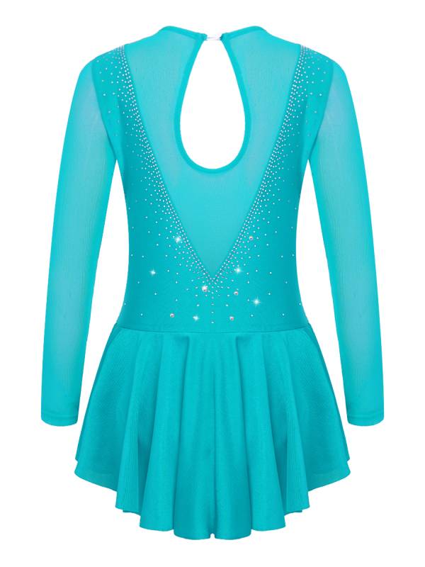 Kids Girls Long Sleeve V Shape Rhinestone Hollow Back Skating Dress thumb