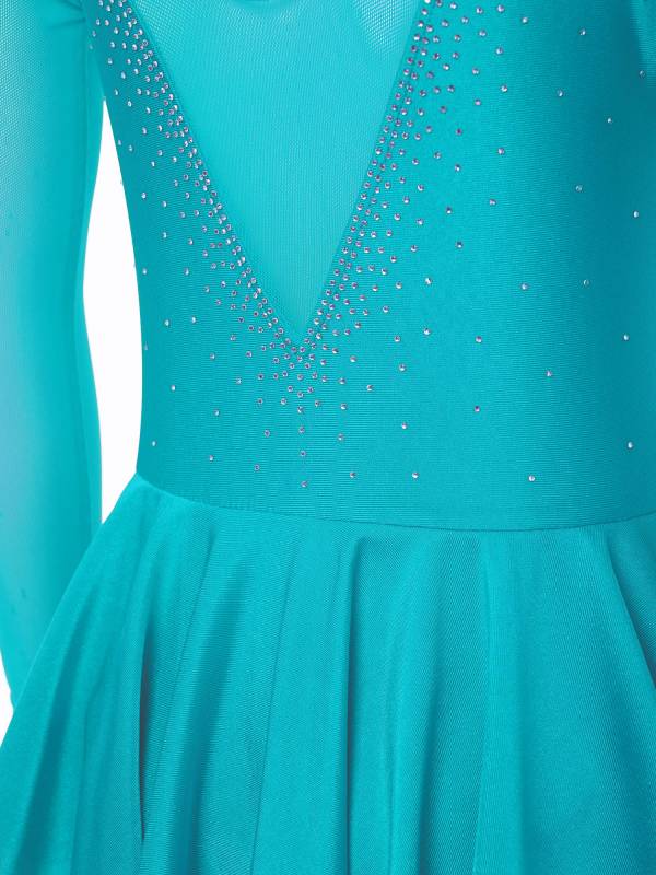 Kids Girls Long Sleeve V Shape Rhinestone Hollow Back Skating Dress thumb