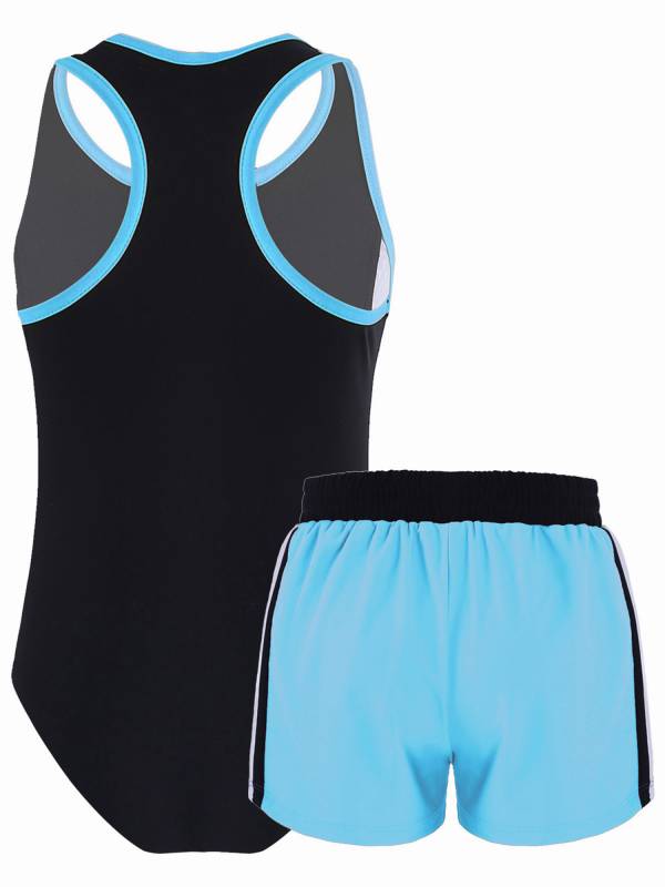 Kids Girls 2pcs Sleeveless Bodysuit and Boyshorts Swimsuit Set thumb