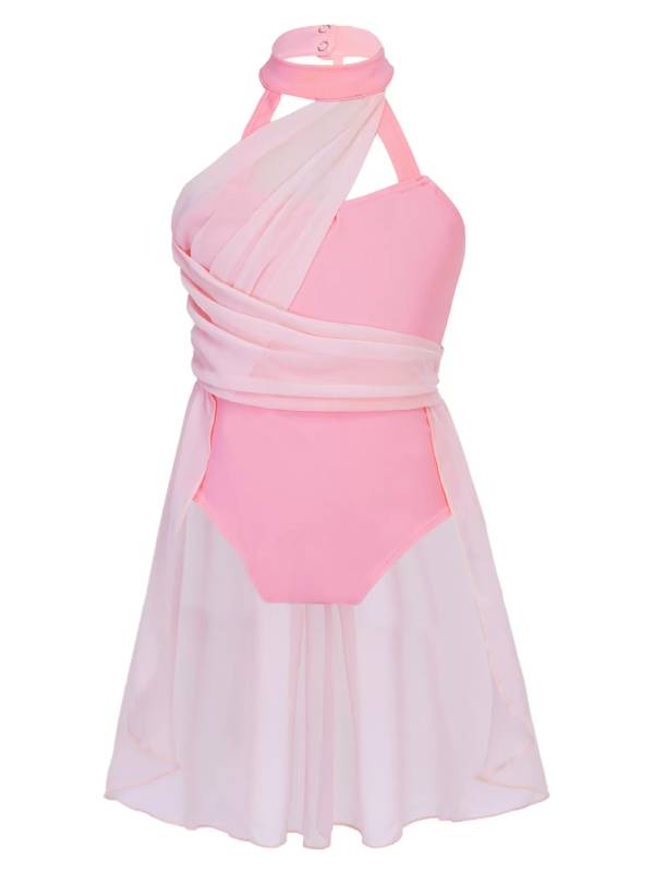 Kids Girls Sleeveless Ruched Chiffon Lyrical Dance Leotard Dress thumb