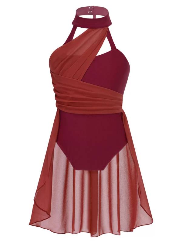 Kids Girls Sleeveless Ruched Chiffon Lyrical Dance Leotard Dress thumb
