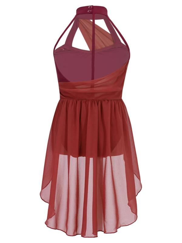 Kids Girls Sleeveless Ruched Chiffon Lyrical Dance Leotard Dress thumb