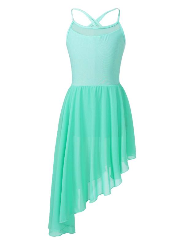 Kids Girls Spaghetti Straps Asymmetrical Lyrical Dance Leotard Dress thumb