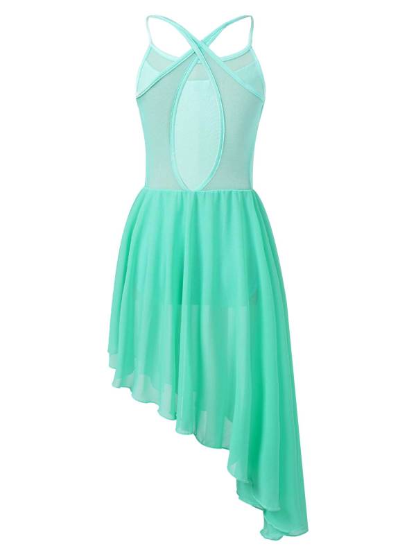 Kids Girls Spaghetti Straps Asymmetrical Lyrical Dance Leotard Dress thumb