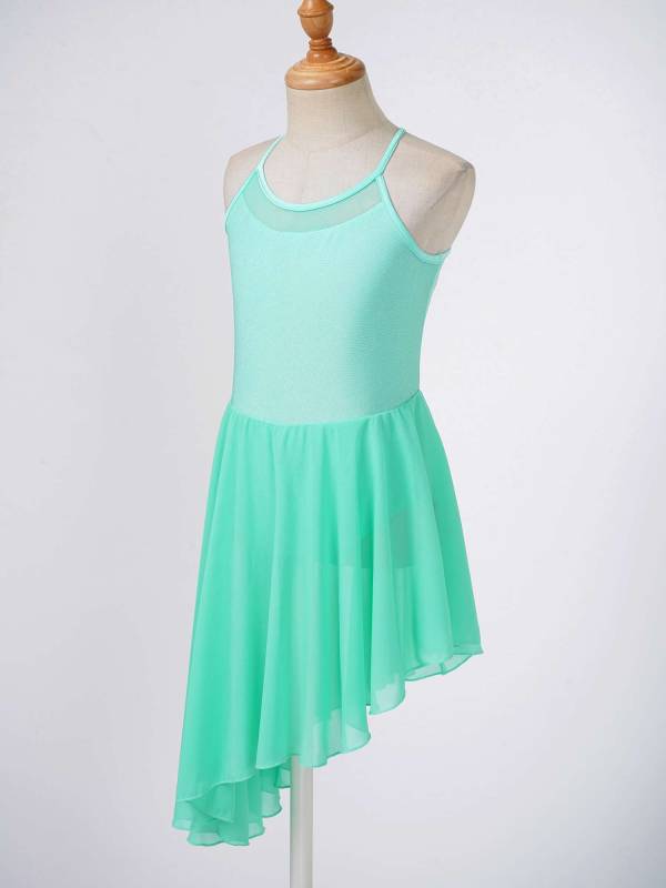 Kids Girls Spaghetti Straps Asymmetrical Lyrical Dance Leotard Dress thumb