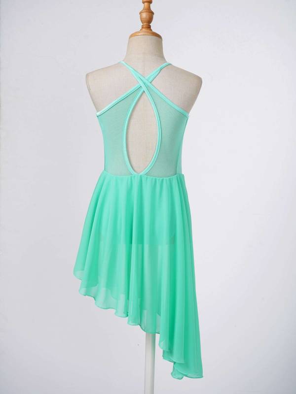 Kids Girls Spaghetti Straps Asymmetrical Lyrical Dance Leotard Dress thumb