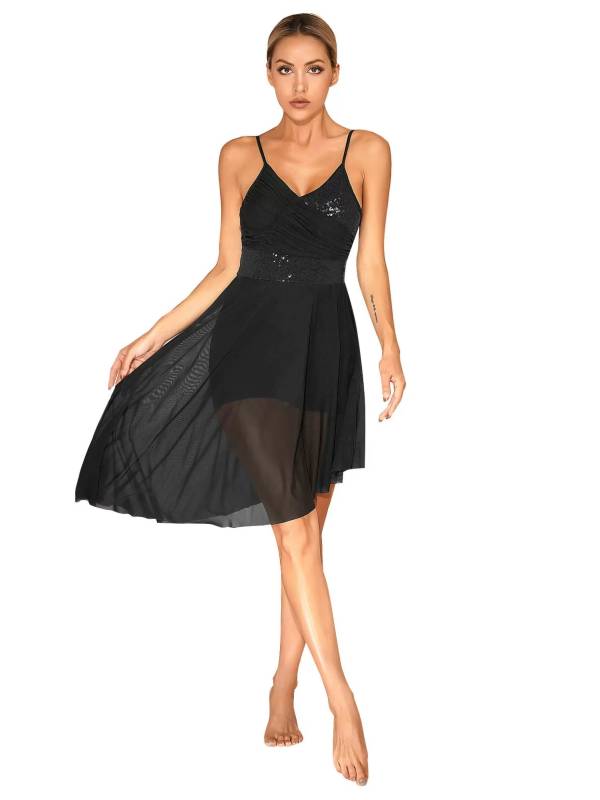 Women Sparkly Sequin V Neck Lyrical Contemporary Dance Dress thumb