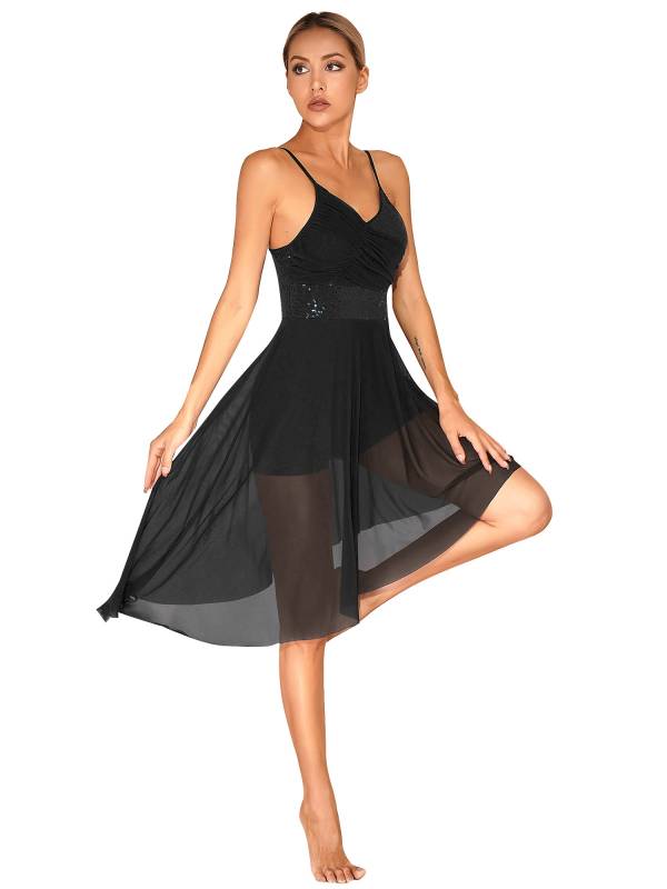 Women Sparkly Sequin V Neck Lyrical Contemporary Dance Dress thumb