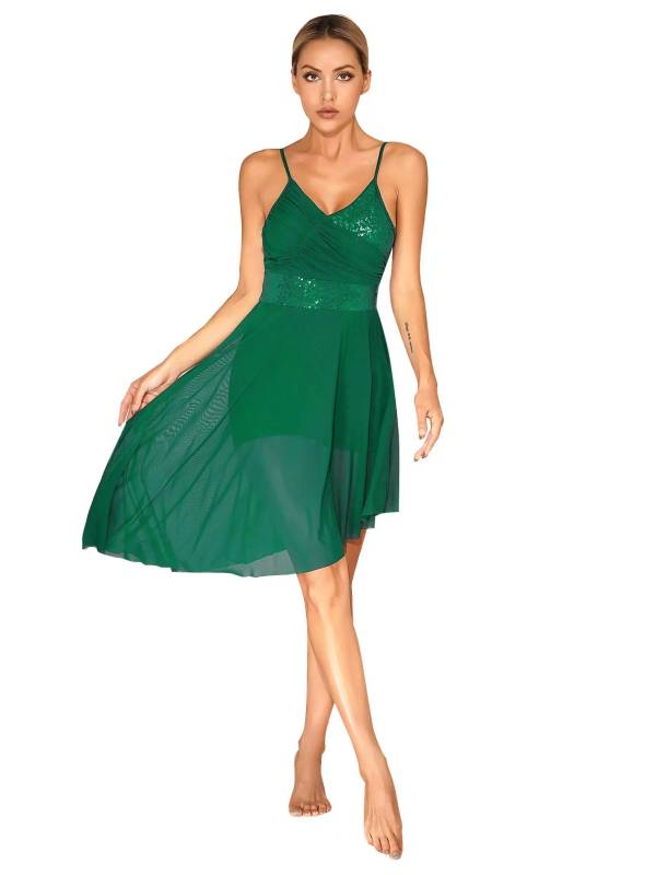 Women Sparkly Sequin V Neck Lyrical Contemporary Dance Dress thumb