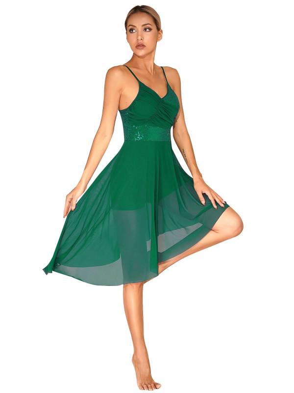 Women Sparkly Sequin V Neck Lyrical Contemporary Dance Dress thumb
