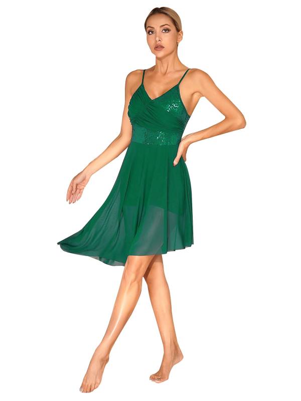 Women Sparkly Sequin V Neck Lyrical Contemporary Dance Dress thumb