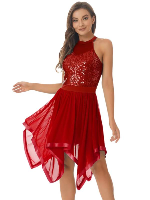 Women Sequins Sleeveless Halter Backless Modern Lyrical Dance Dresses thumb