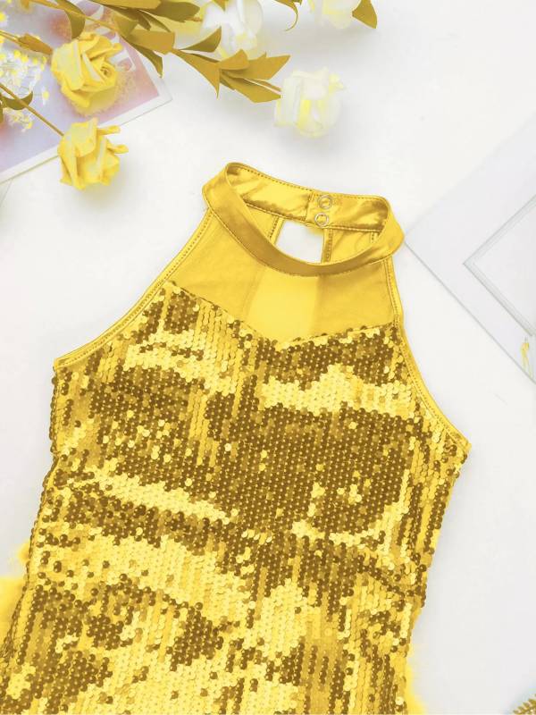 Kids Girls Sleeveless Sequins Jazz Latin Dance Leotard Jumpsuit thumb