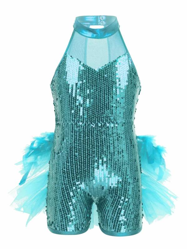 Kids Girls Sleeveless Sequins Jazz Latin Dance Leotard Jumpsuit thumb