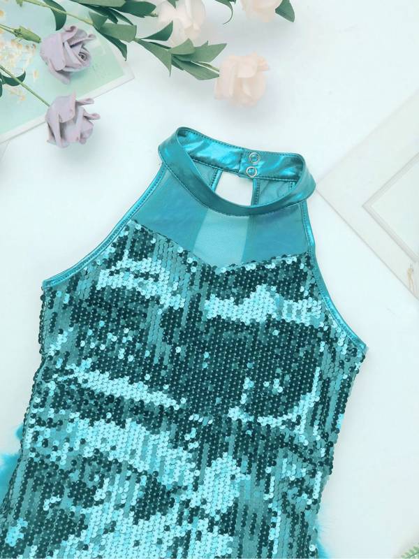 Kids Girls Sleeveless Sequins Jazz Latin Dance Leotard Jumpsuit thumb