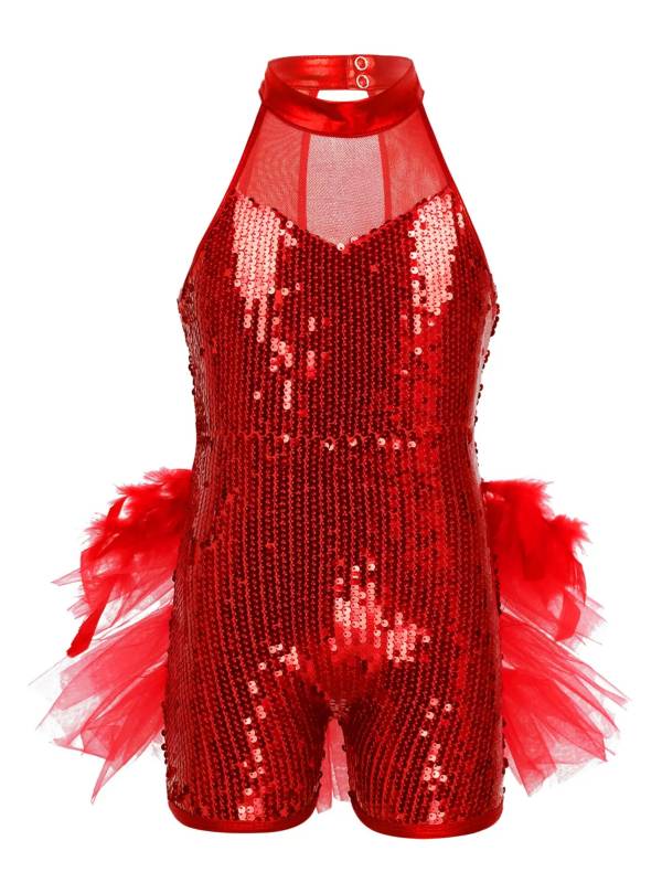 Kids Girls Sleeveless Sequins Jazz Latin Dance Leotard Jumpsuit thumb