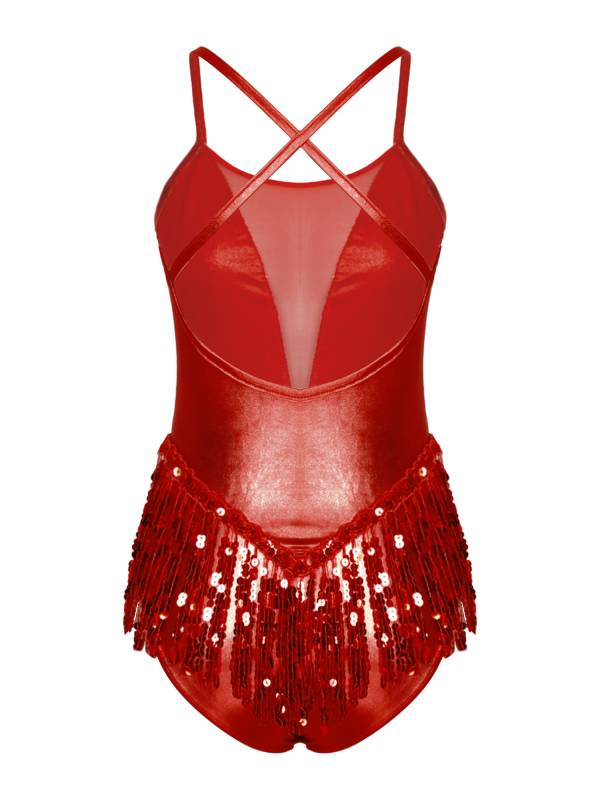 Women Sparkling Sequin Tassel Latin Dance Leotard thumb