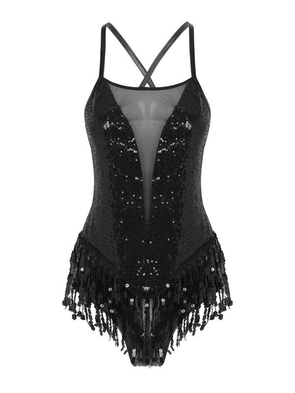 Women Sparkling Sequin Tassel Latin Dance Leotard thumb