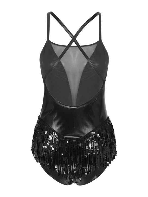 Women Sparkling Sequin Tassel Latin Dance Leotard thumb