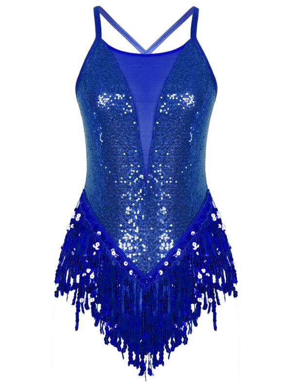 Women Sparkling Sequin Tassel Latin Dance Leotard thumb