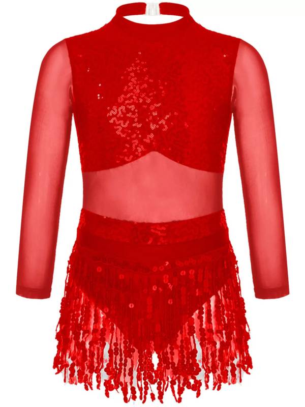 Kids Girls Long Sleeve Sequins Hollow Back Tassel Latin Dance Dress thumb