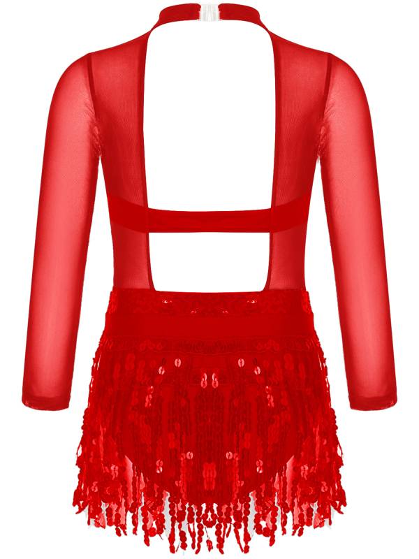 Kids Girls Long Sleeve Sequins Hollow Back Tassel Latin Dance Dress thumb