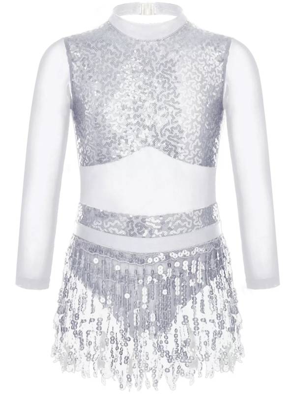 Kids Girls Long Sleeve Sequins Hollow Back Tassel Latin Dance Dress thumb