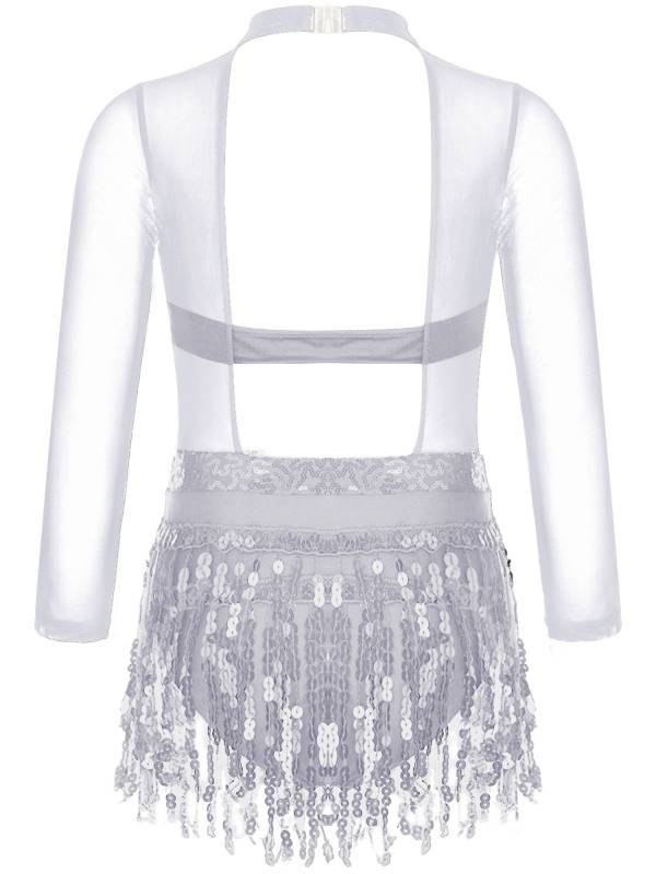 Kids Girls Long Sleeve Sequins Hollow Back Tassel Latin Dance Dress thumb